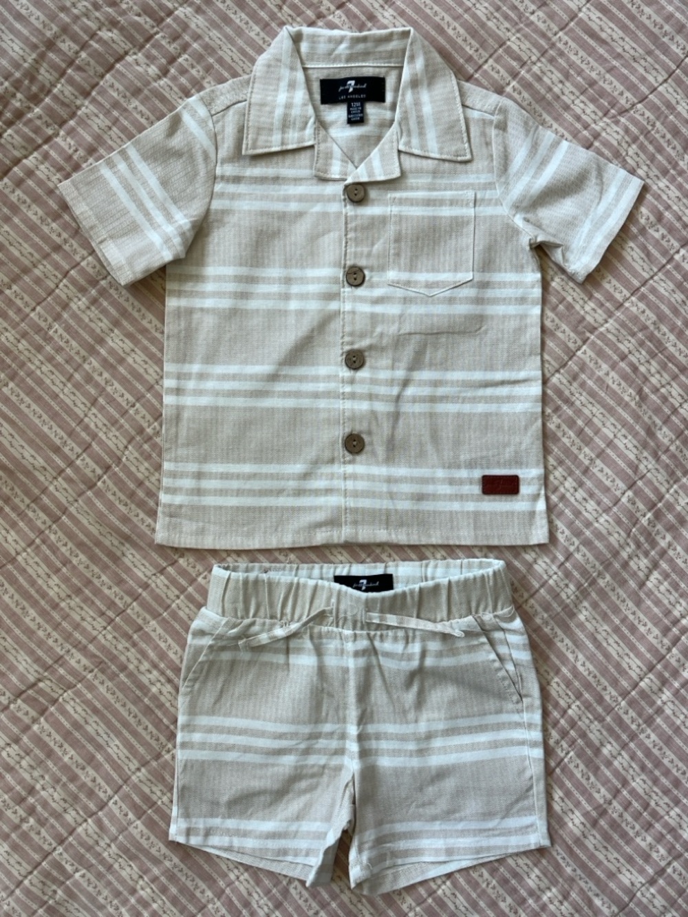 7 for all Mankind beige & White Striped Boys Shirt and Shorts Set size 12 mos